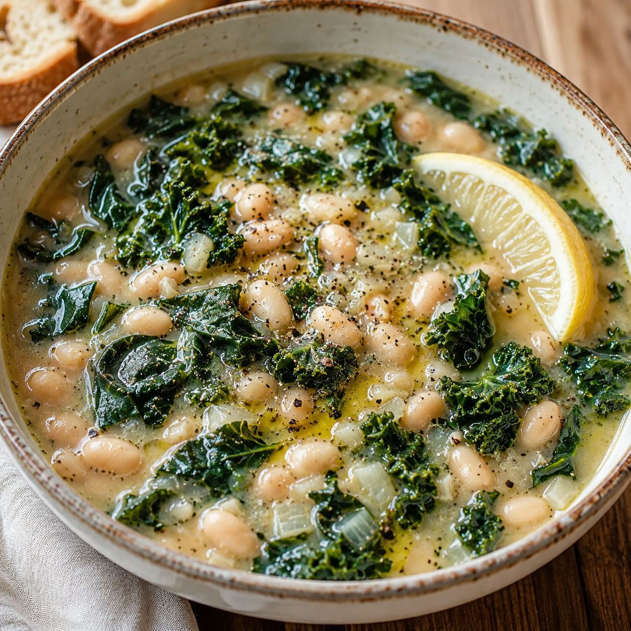 Vegan super greens and beans soup in a rustic bowl with kale and lemon