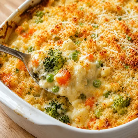 Vegetable casserole with broccoli, carrots, peas, and golden breadcrumb topping