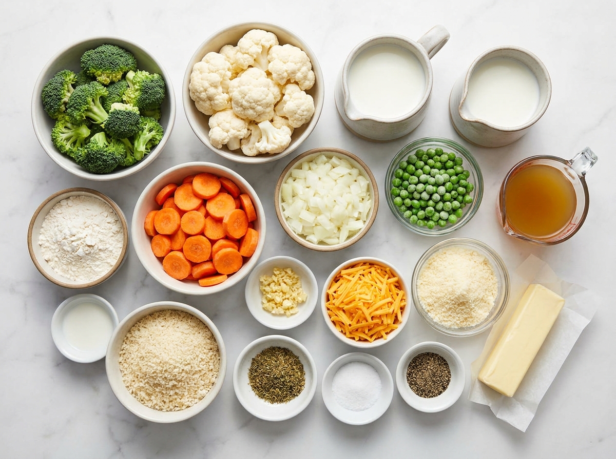 Raw ingredients for vegetable casserole arranged on a light wooden surface