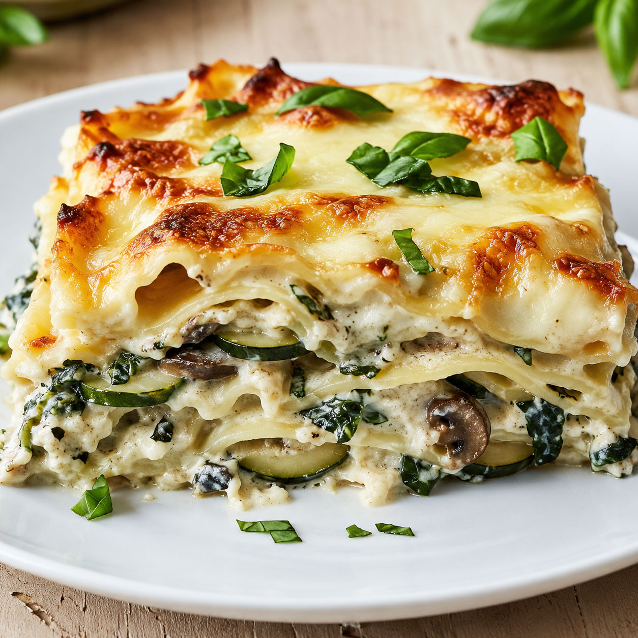 Slice of vegetable lasagna with creamy white sauce and melted cheese on a plate