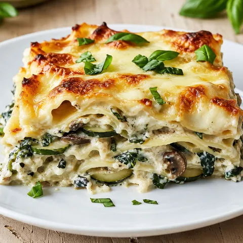 Slice of vegetable lasagna with creamy white sauce and melted cheese on a plate
