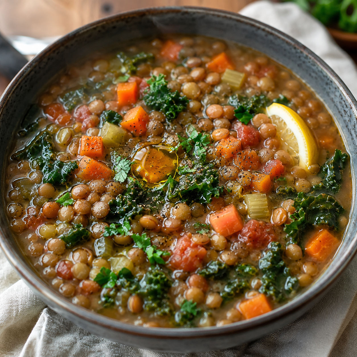 Vegetarian lentil soup with carrots, kale, parsley, and olive oil