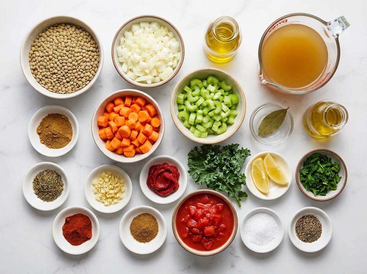 Ingredients for vegetarian lentil soup with lentils, vegetables, herbs, and lemon