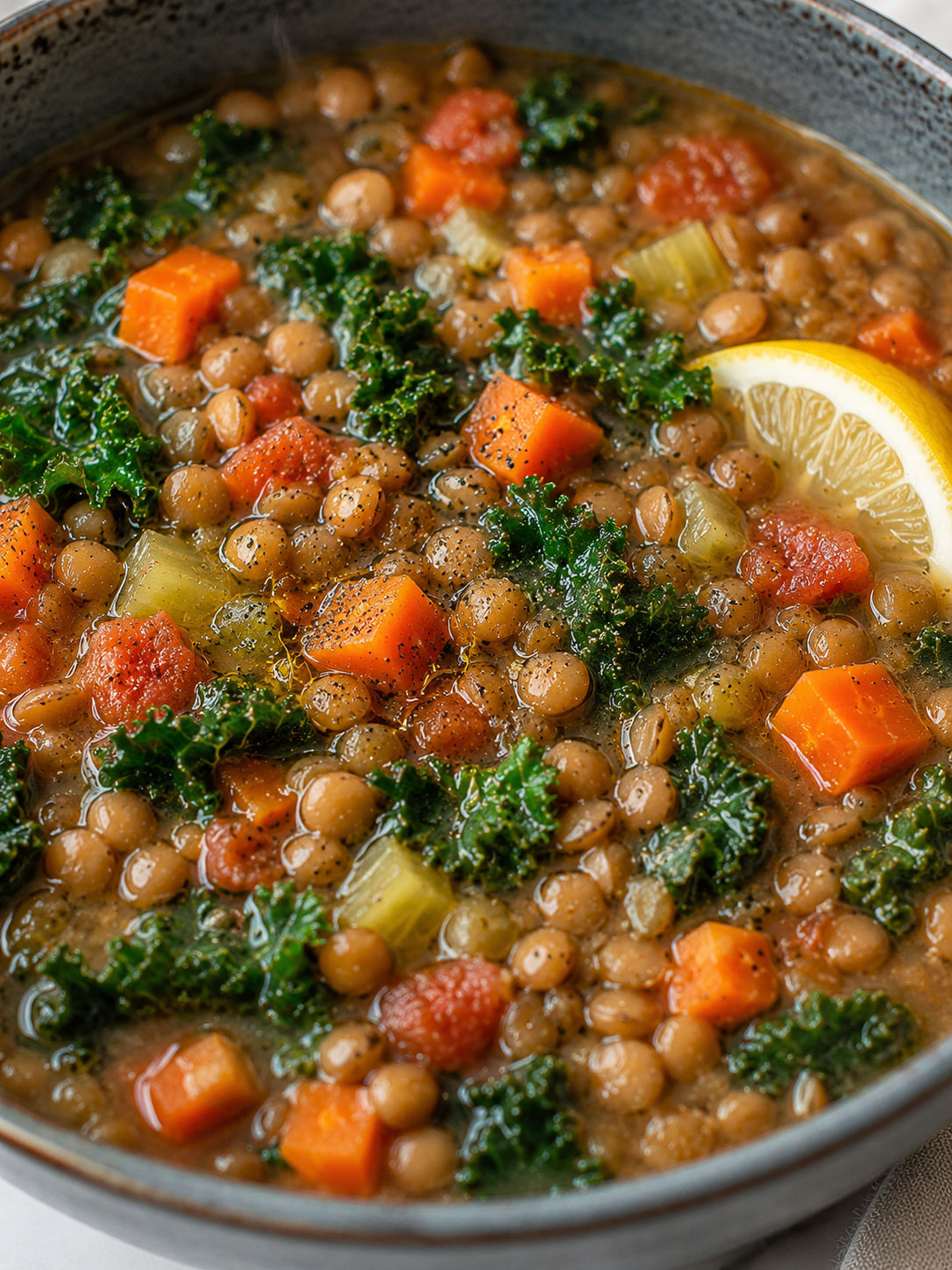 Vegetarian Lentil Soup, plated and served