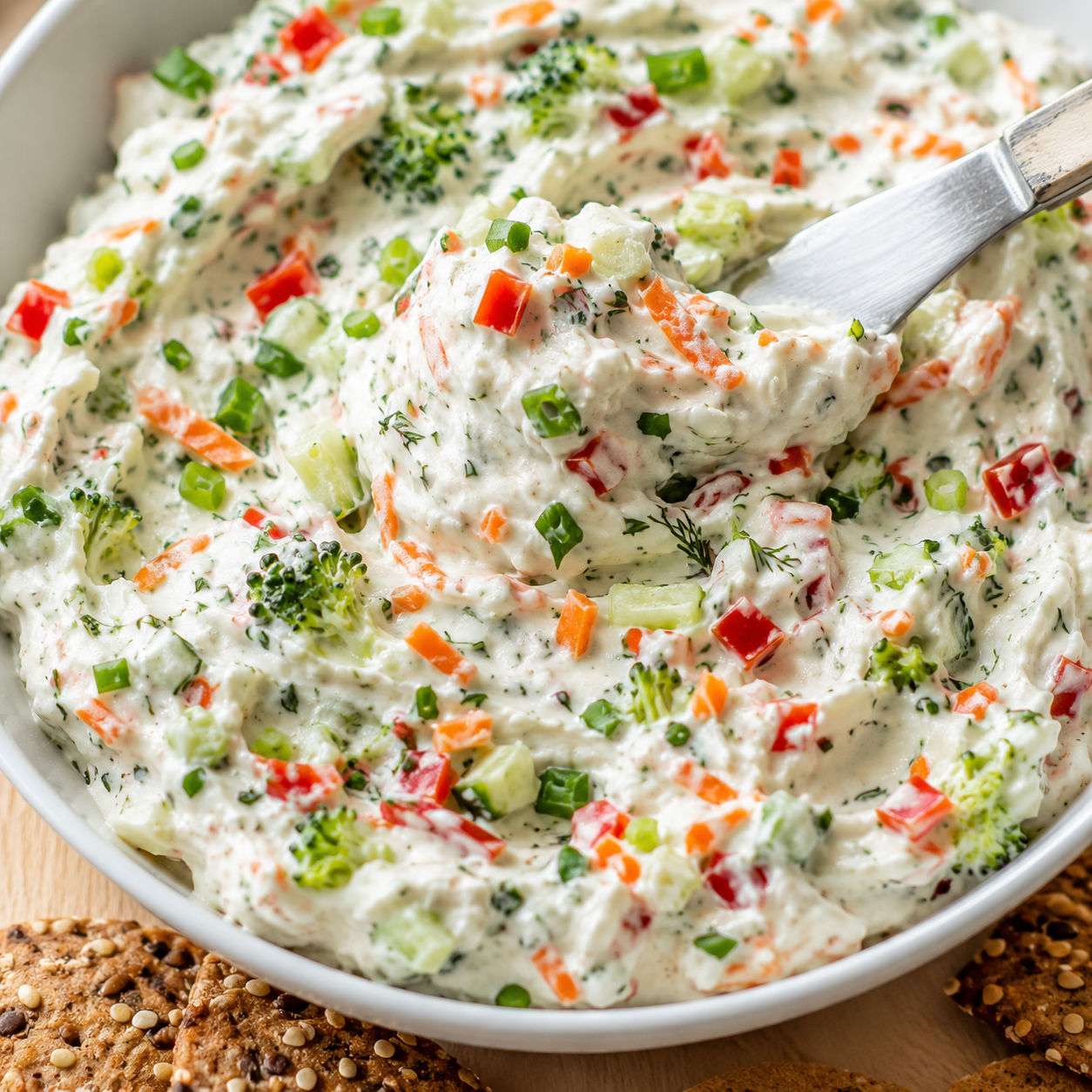 Veggie cream cheese spread with fresh vegetables in a white bowl