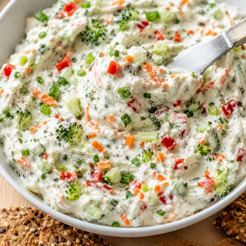 Veggie cream cheese spread with fresh vegetables in a white bowl