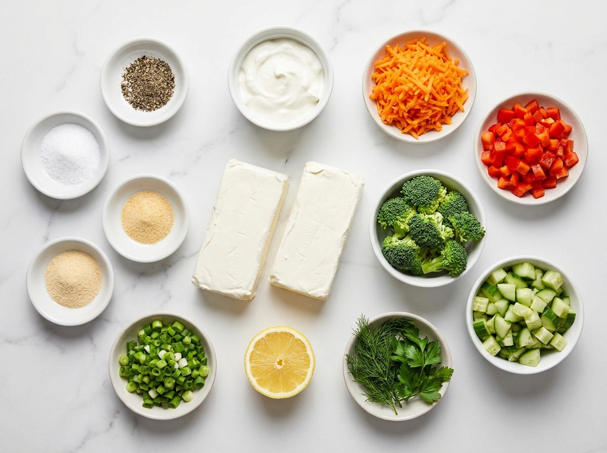 Cream cheese, herbs, and chopped fresh vegetables for a spread
