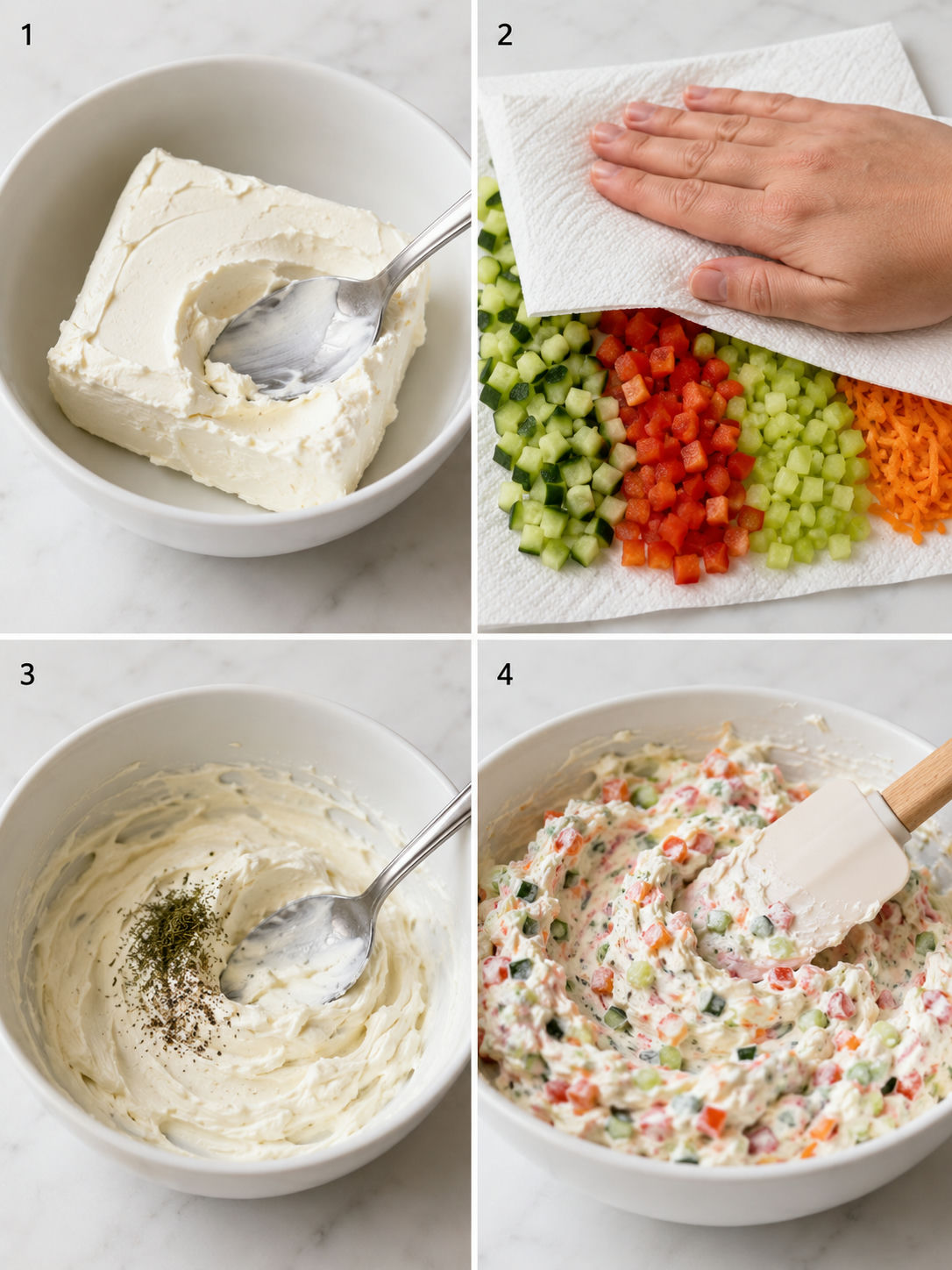 Four steps of making veggie cream cheese from softening to folding in vegetables