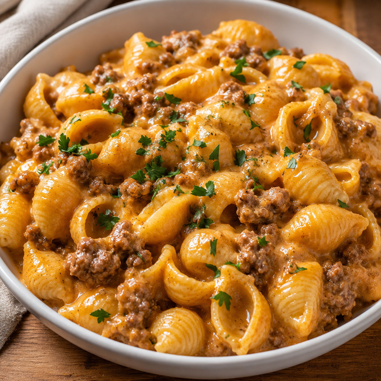 Velveeta beef and shells in creamy sauce with parsley in a white bowl
