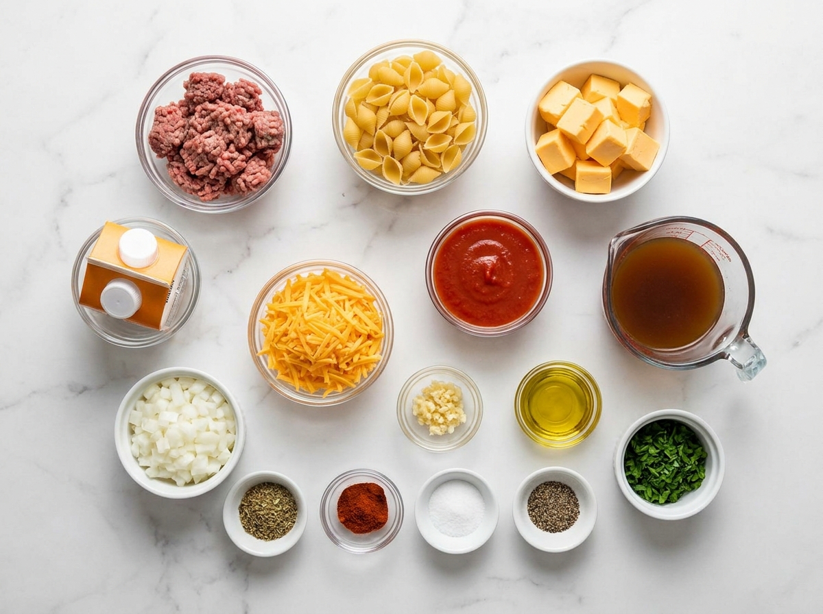 Ingredients for Velveeta beef and shells with cheese, pasta, beef, and tomato sauce