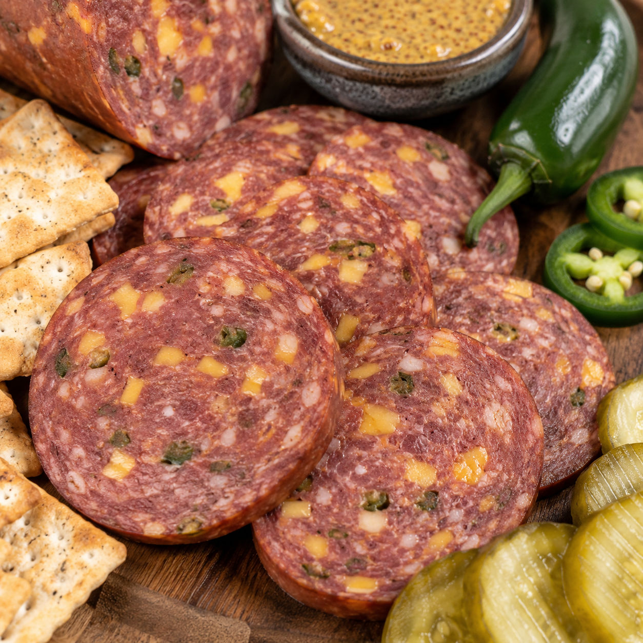 Venison jalapeño cheddar summer sausage slices with crackers and pickles