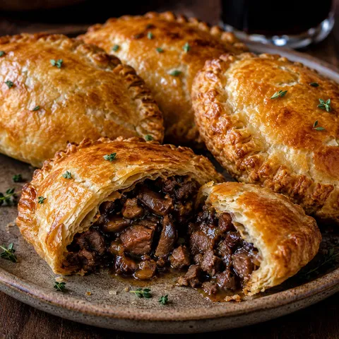 Golden venison mushroom hand pies with stout gravy and thyme
