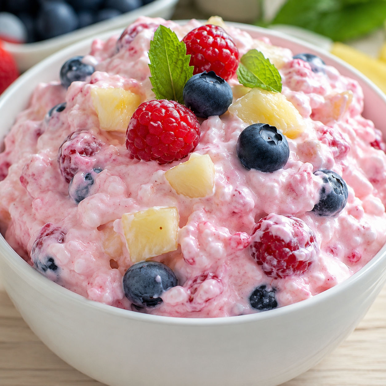 Berry cottage cheese pineapple fluff salad with mint and fresh berries