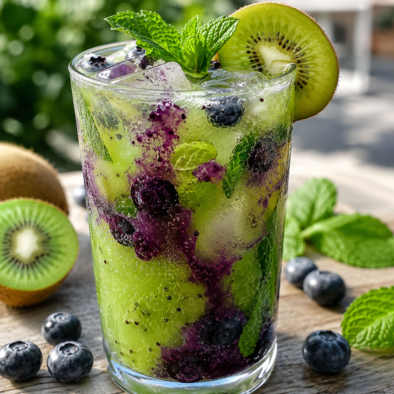 Vibrant kiwi blueberry mojito with mint and lime in a tall glass