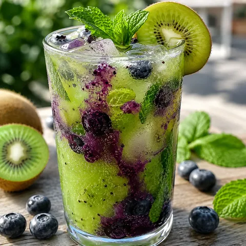 Vibrant kiwi blueberry mojito with mint and lime in a tall glass