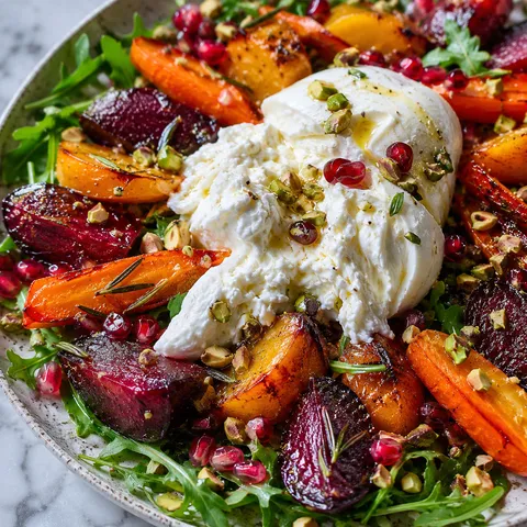 Roasted beets and carrots with creamy burrata, pistachios, and honey dressing