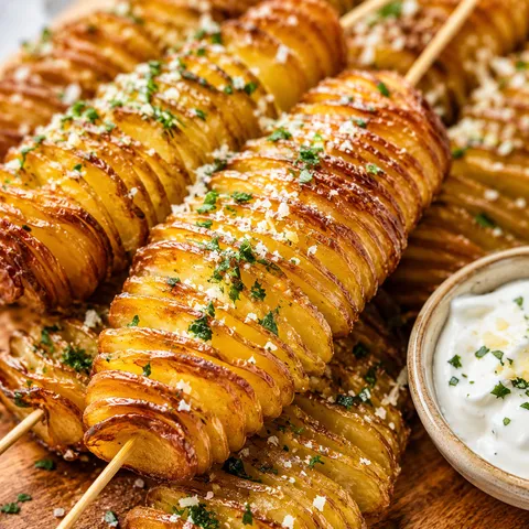 Golden accordion potato skewers with parsley, parmesan, and creamy dip