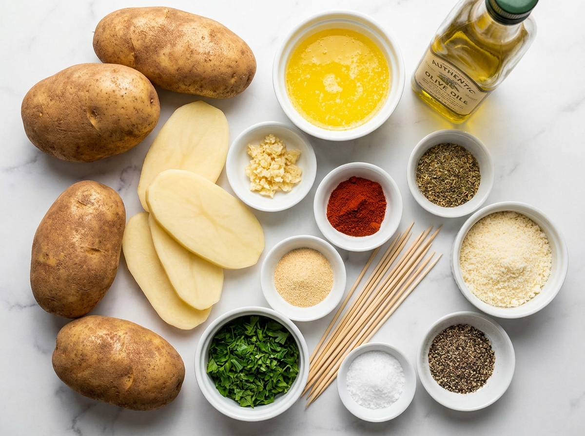 Russet potatoes, garlic butter, herbs, parmesan, and skewers for accordion potatoes