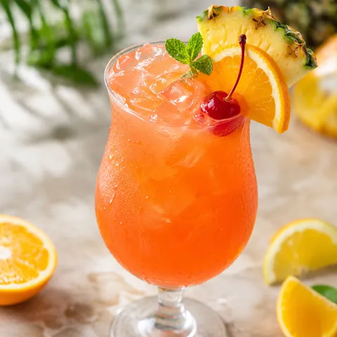 Virgin Island Breeze mocktail with pineapple, orange, cherry, and mint