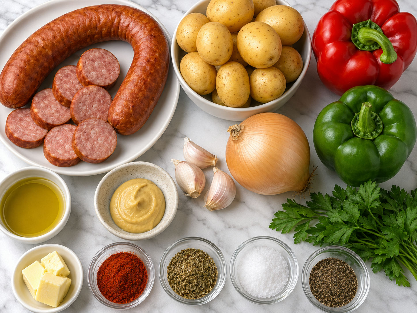 Ingredients for smoked sausage and potatoes skillet on a wooden surface
