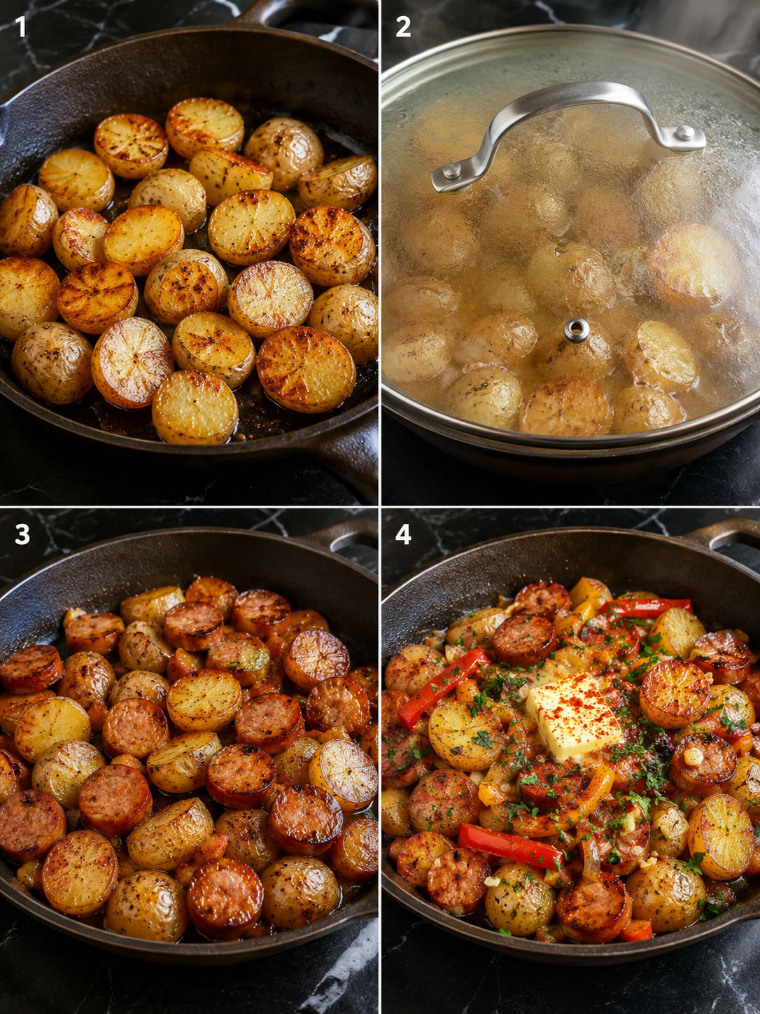 Four steps for cooking smoked sausage and potatoes in a skillet
