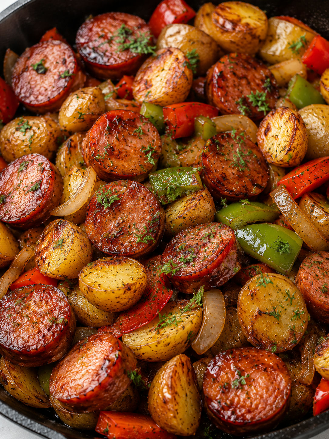 Smoked sausage and potatoes skillet with browned peppers and parsley