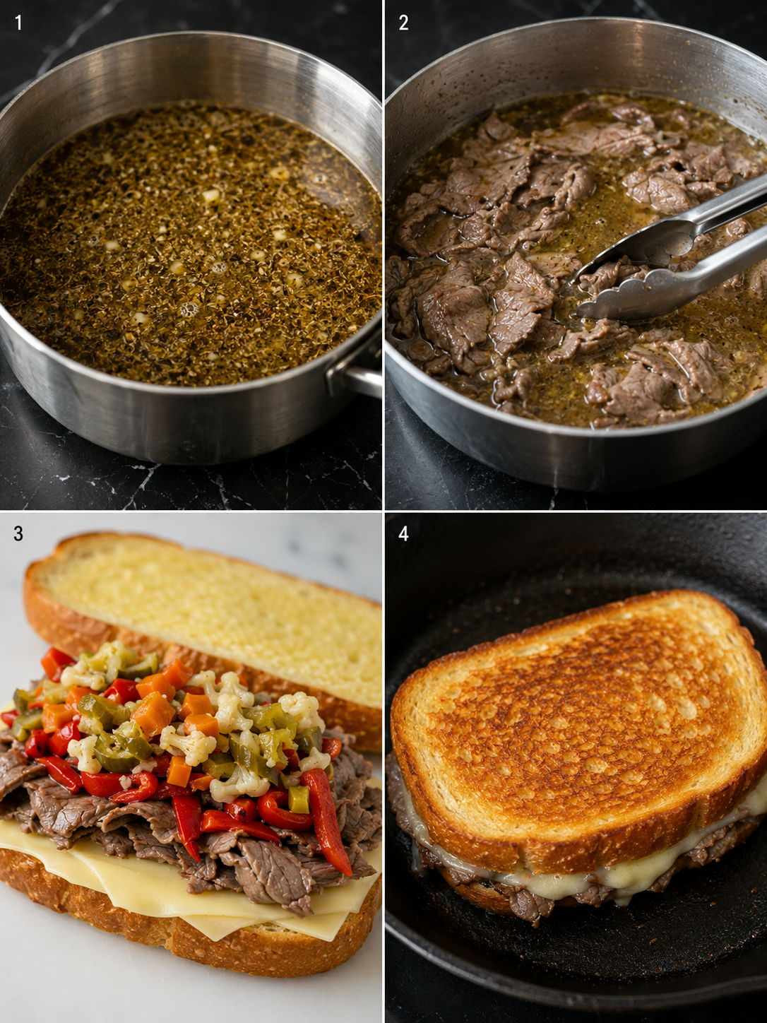 Steps for making Italian beef grilled cheese from jus to skillet