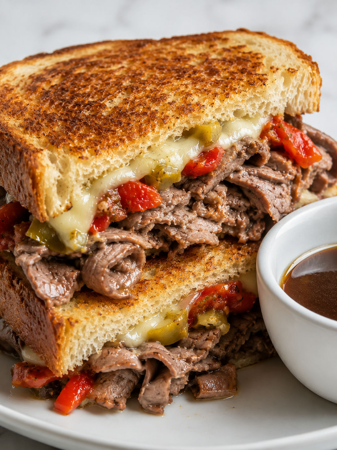 Crispy Chicago Italian beef grilled cheese with melted provolone