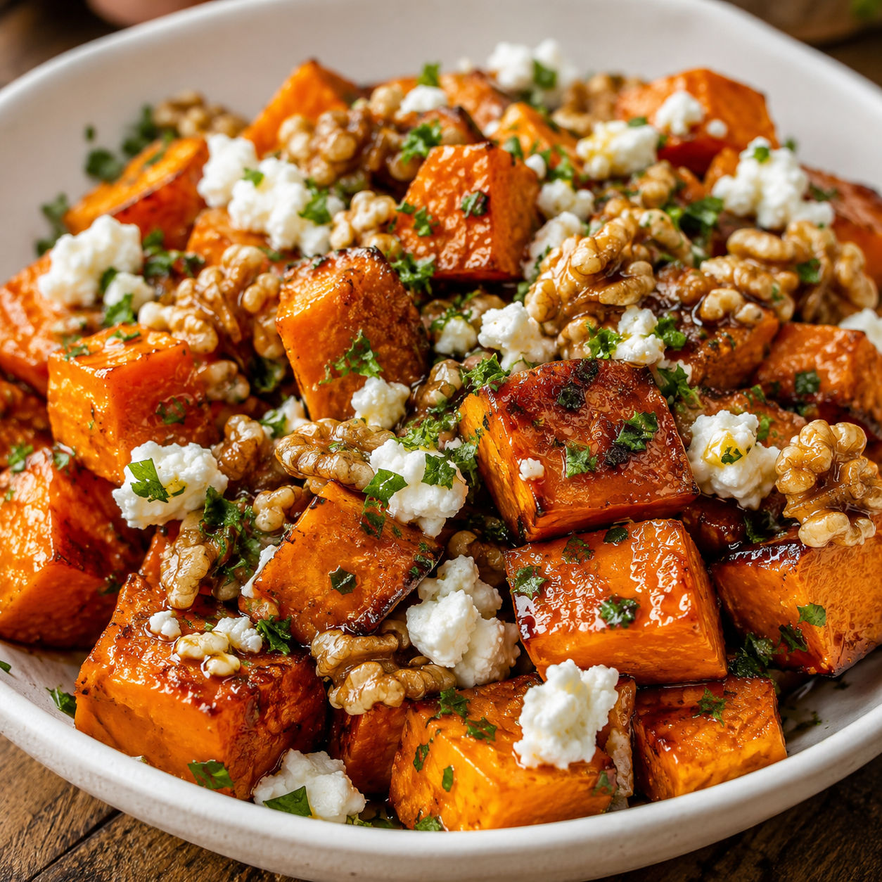 Maple sweet potatoes with goat cheese, toasted walnuts, and parsley