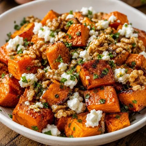 Maple sweet potatoes with goat cheese, toasted walnuts, and parsley