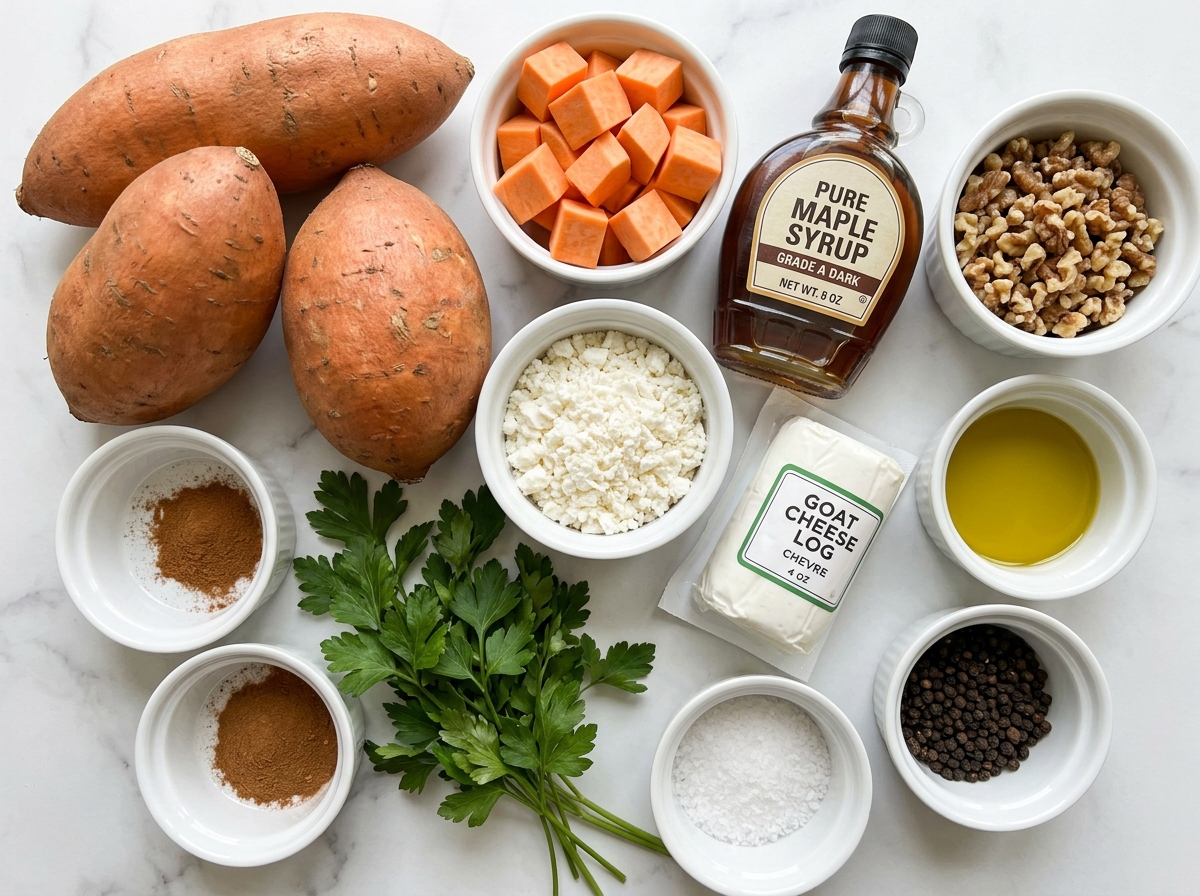Ingredients for maple goat cheese sweet potatoes with walnuts
