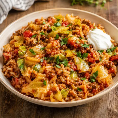 Cabbage beef tomato rice bake with parsley in a cream bowl