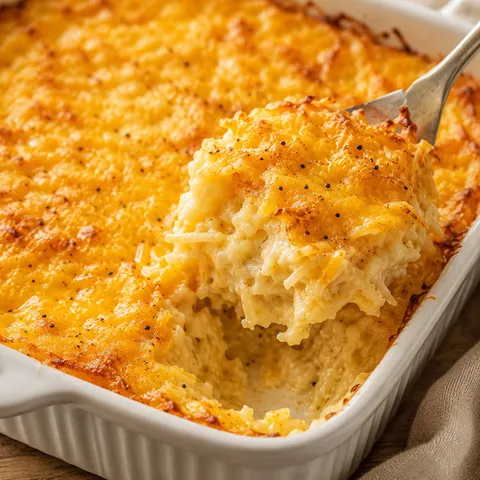 Cheesy hash brown casserole with browned cheddar top in a white baking dish