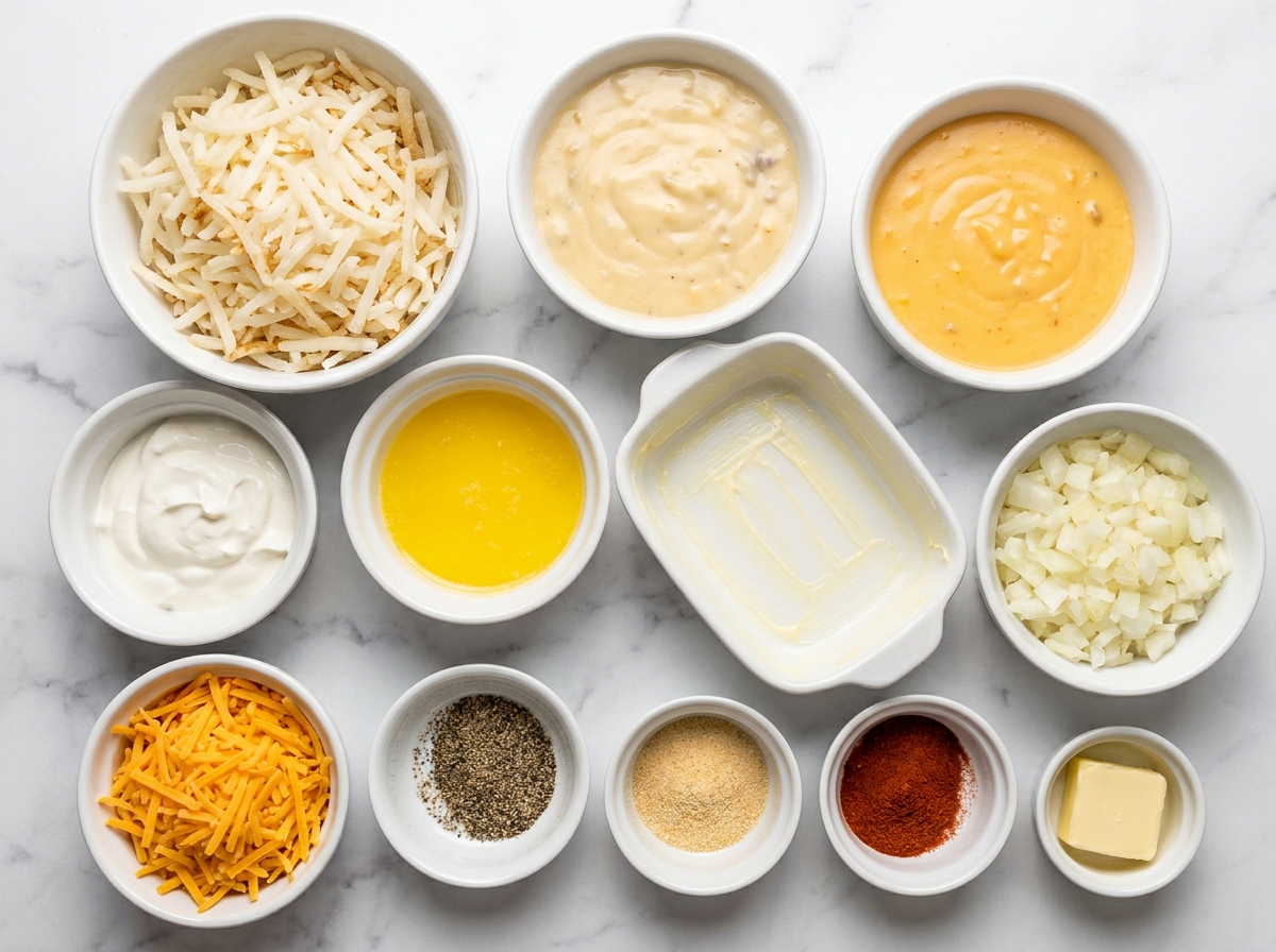 Ingredients for cheesy hash brown casserole with soups, cheddar, and sour cream