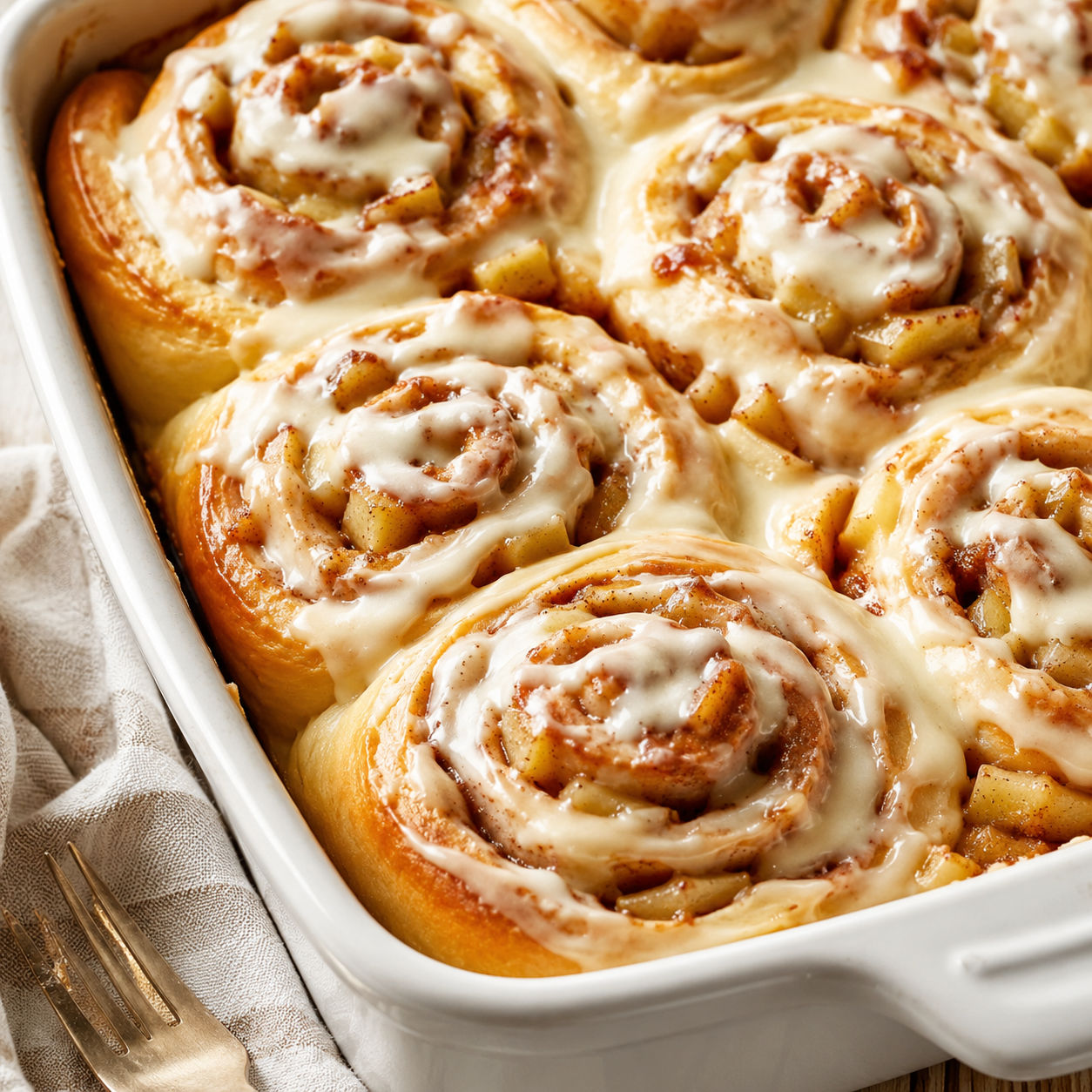 Warm apple cinnamon rolls with cream cheese glaze in a white baking dish