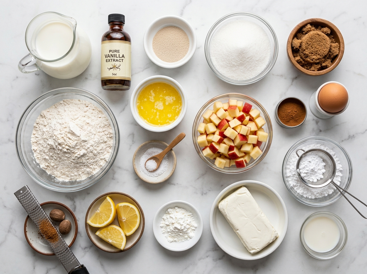 Ingredients for apple cinnamon rolls with cream cheese filling