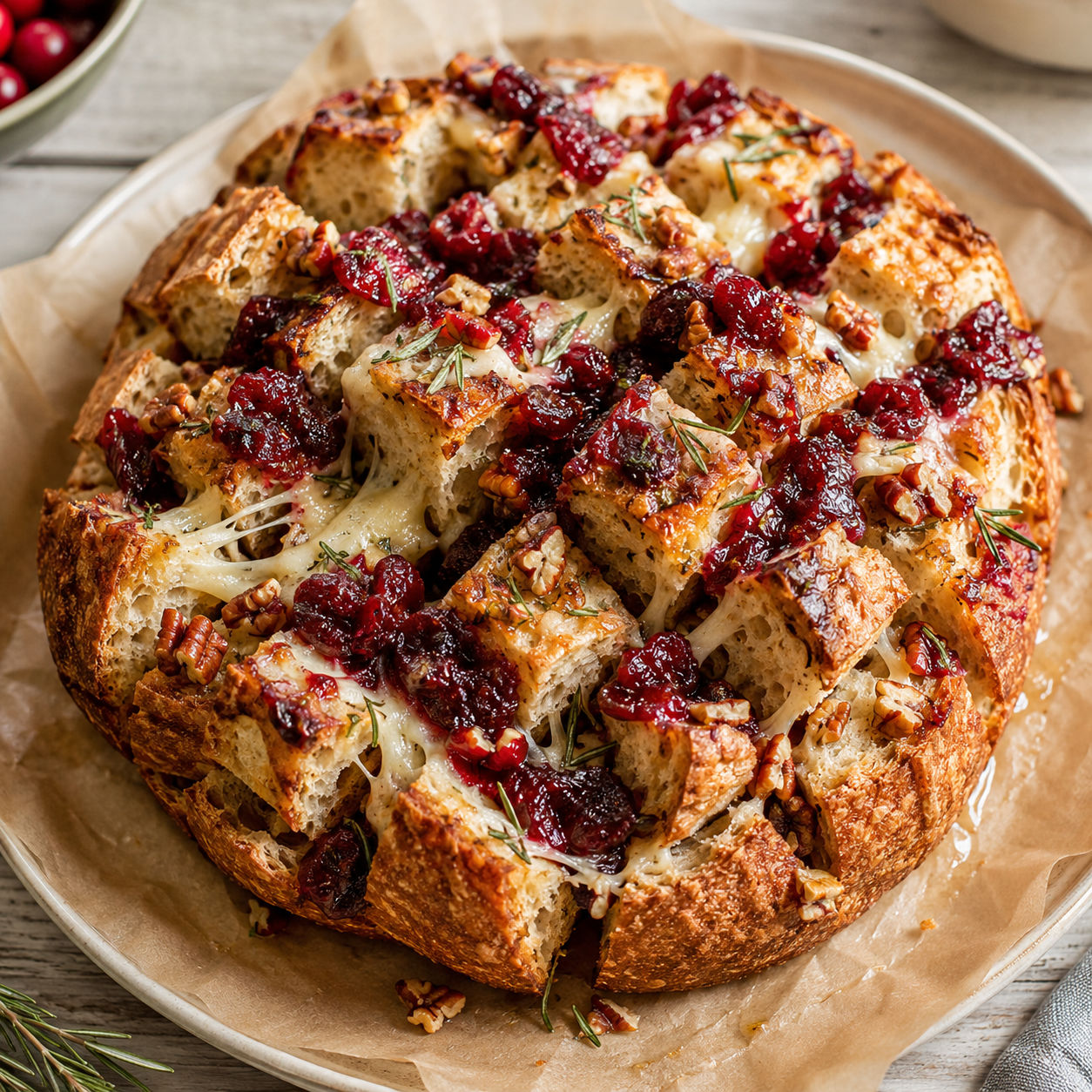 Warm cranberry brie sourdough pull apart bread with pecans and rosemary