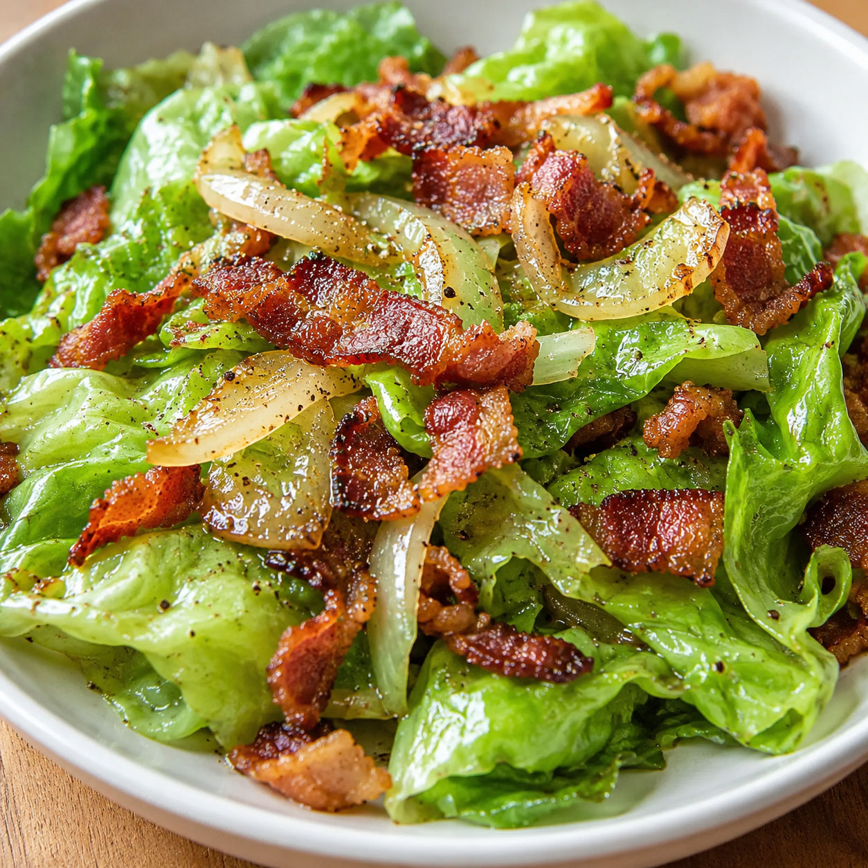 Warm killed lettuce with bacon and sweet onions in a white bowl