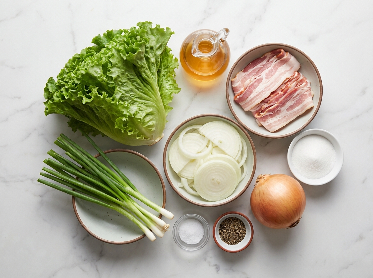 Leaf lettuce, bacon, sweet onion, vinegar, sugar, salt, and pepper