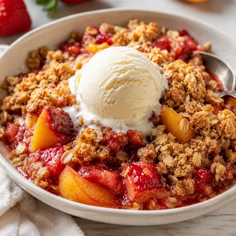 Warm strawberry peach crisp with oat topping and vanilla ice cream