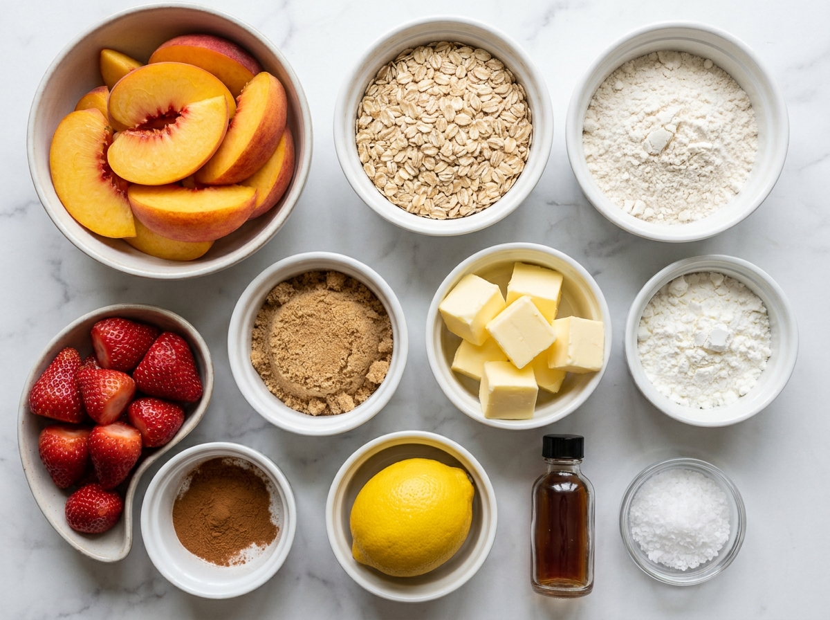 Peaches, strawberries, oats, butter, and brown sugar for fruit crisp