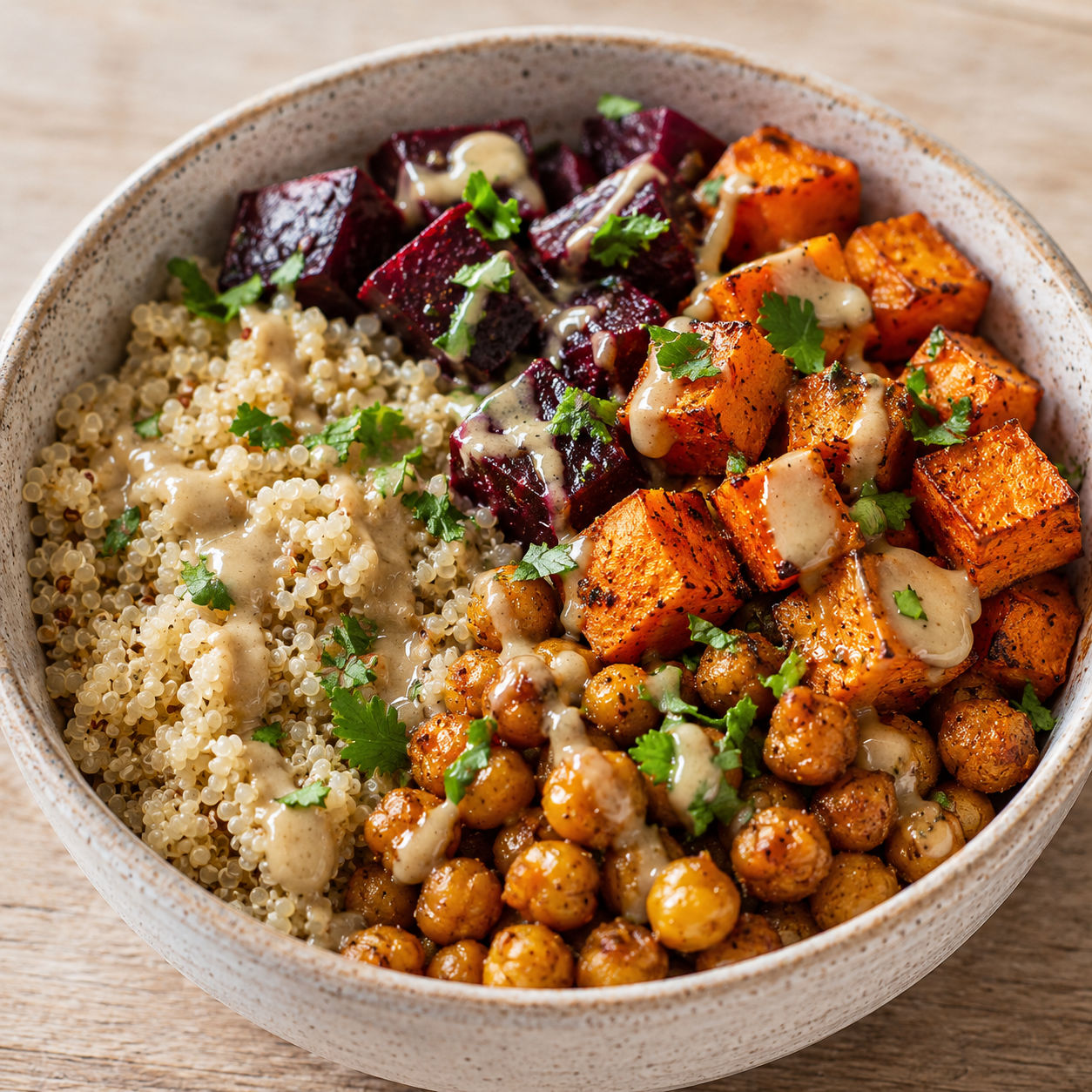 Warm winter harvest bowl with quinoa, roasted vegetables, crispy chickpeas, and tahini dressing