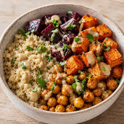 Warm winter harvest bowl with quinoa, roasted vegetables, crispy chickpeas, and tahini dressing