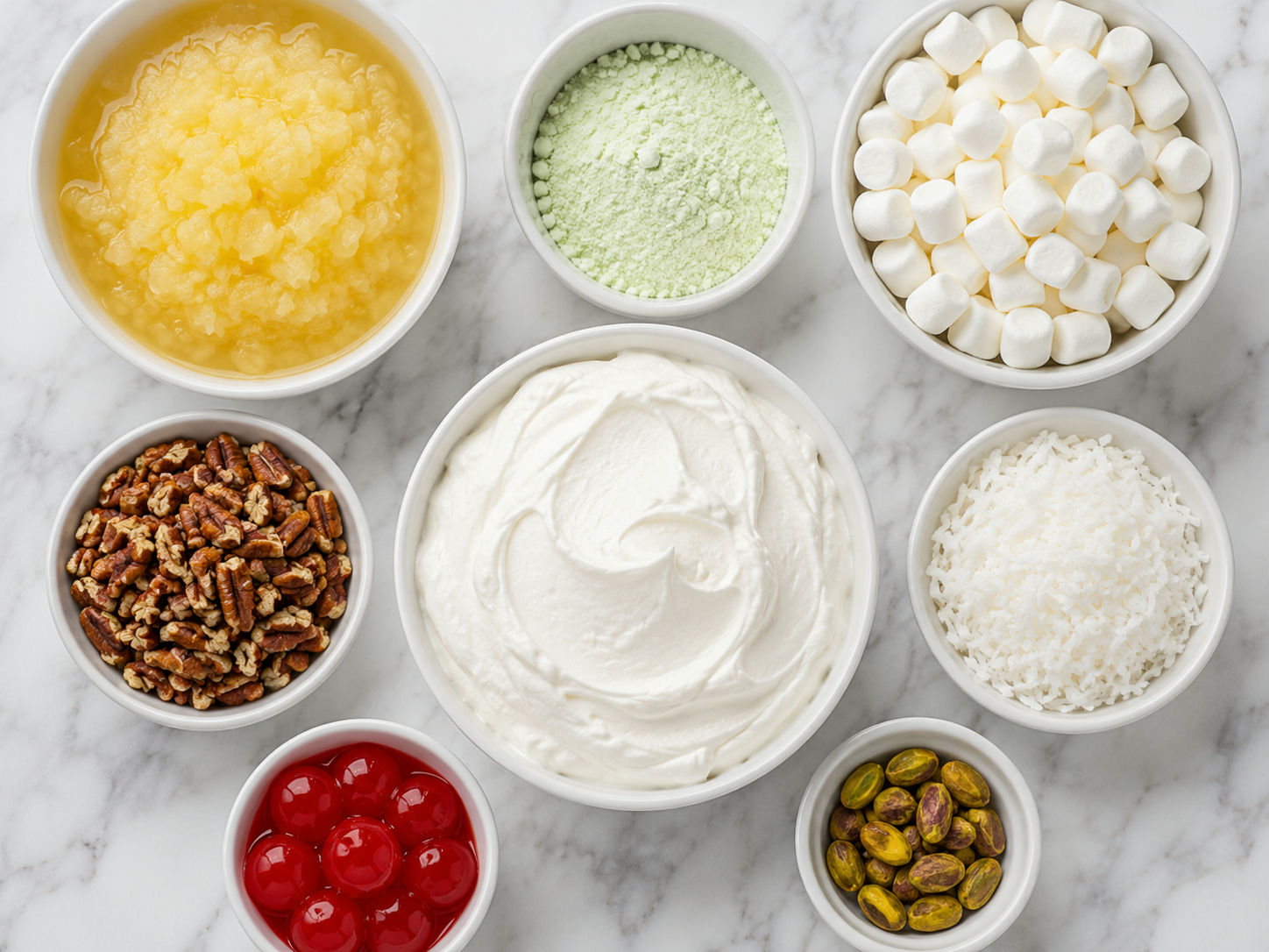 Ingredients for Watergate salad with pineapple, pudding, marshmallows, and Cool Whip
