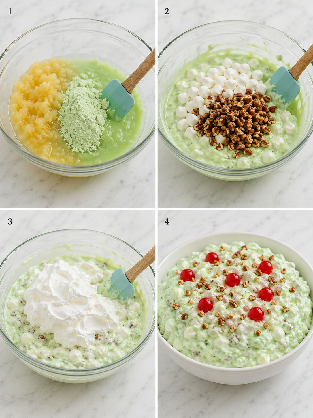 Four steps for mixing and chilling Watergate salad with Cool Whip