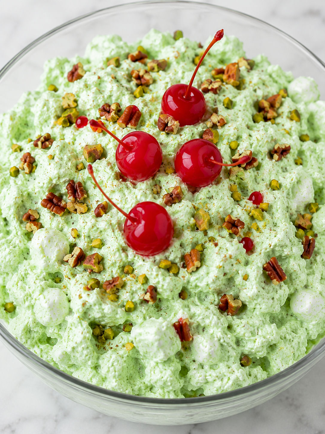Watergate salad with cherries, pecans, pistachios, and mini marshmallows