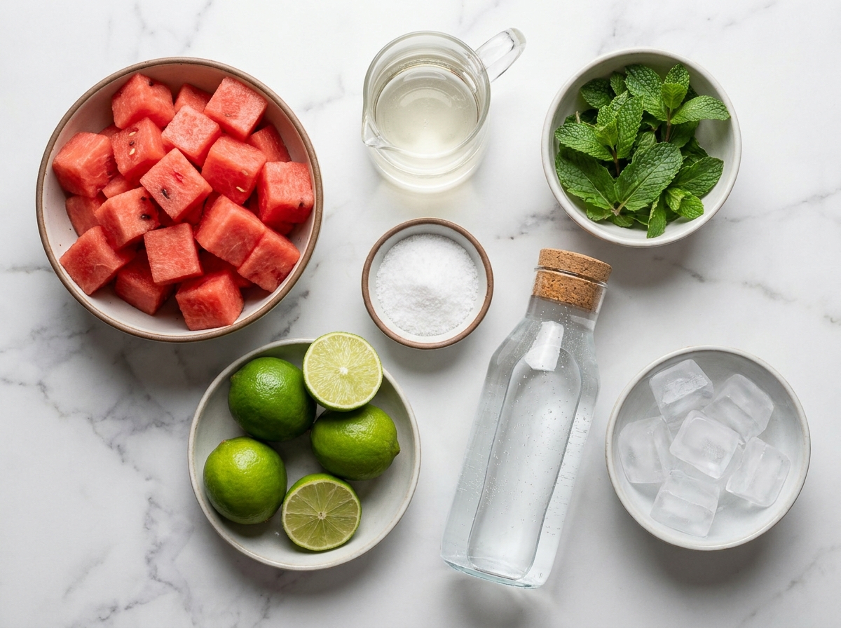 Watermelon, limes, mint, sparkling water, syrup, and ice for mocktails