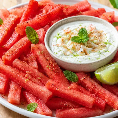 Watermelon fries with coconut lime dip, mint, lime, and toasted coconut