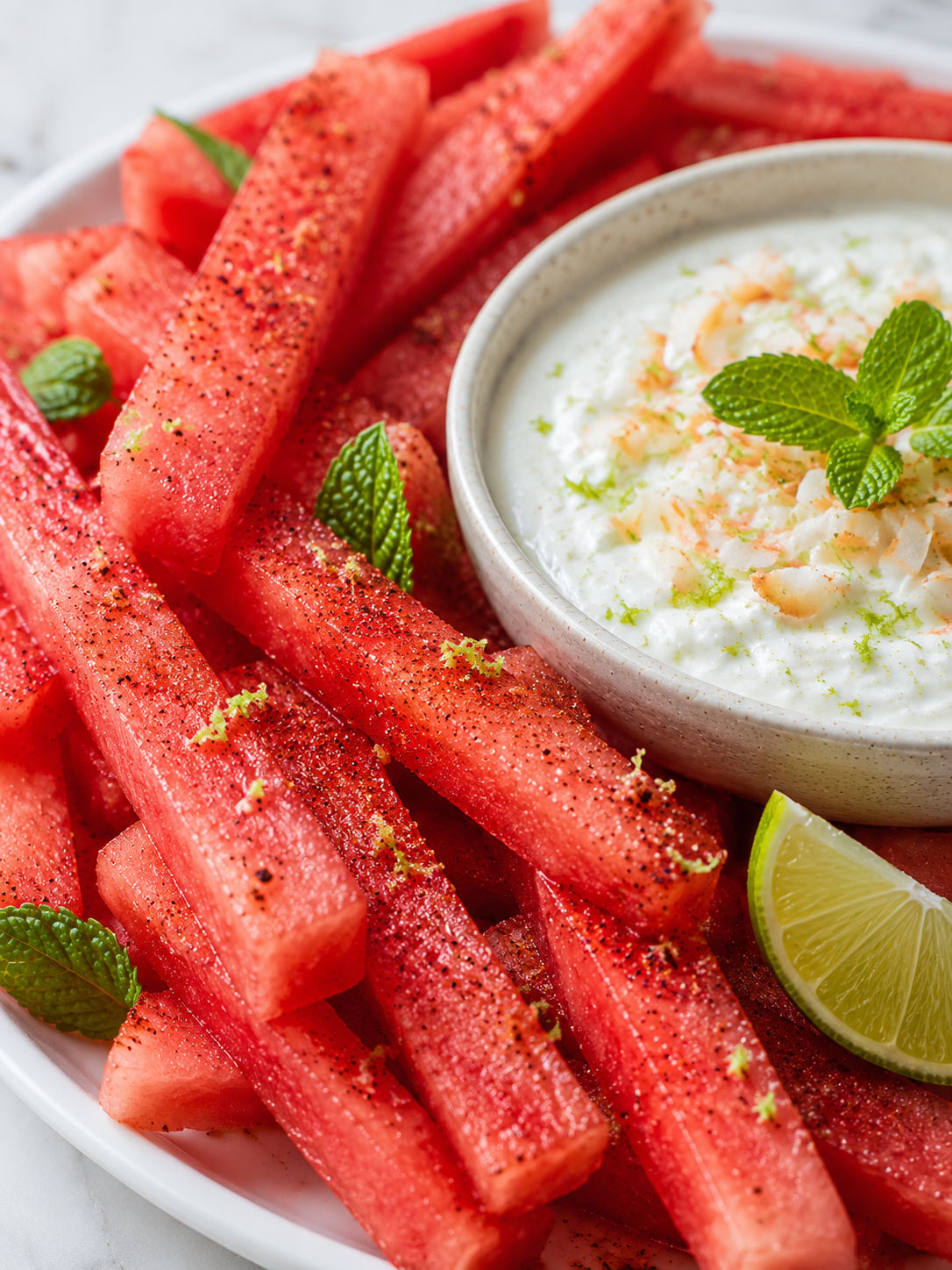 Watermelon Fries with Coconut Lime Dip, plated and served