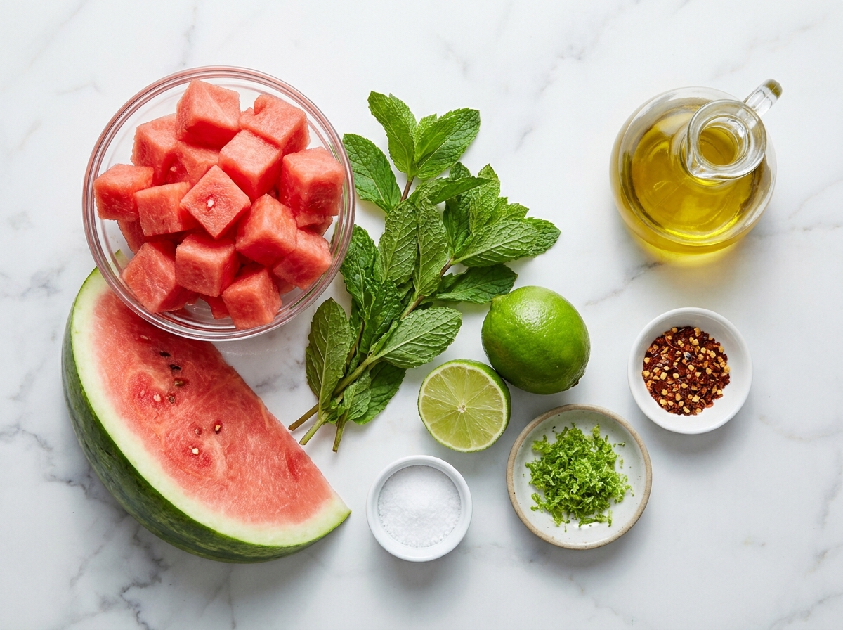 Watermelon, lime, mint, salt, chili flakes, and olive oil for salad